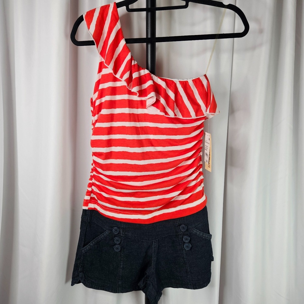 Woman's Nautical One Shoulder Striped Top w/‎ Denim Short Romper By Rewind  Sz M